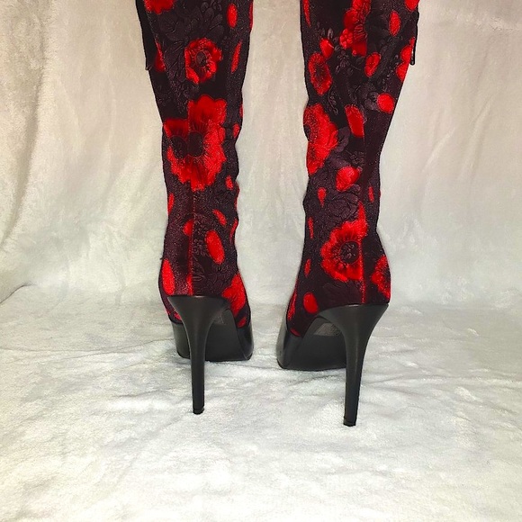 Mac J Black Cherry Stretch Velvet Red Floral OTK Stocking Boots 3.5" High Heel - Picture 8 of 15
